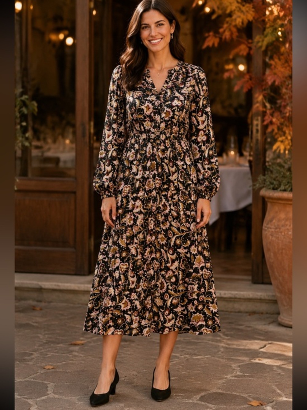 MSK Womens Small Black Floral Geometric Print Long Sleeve Boho Midi Dress